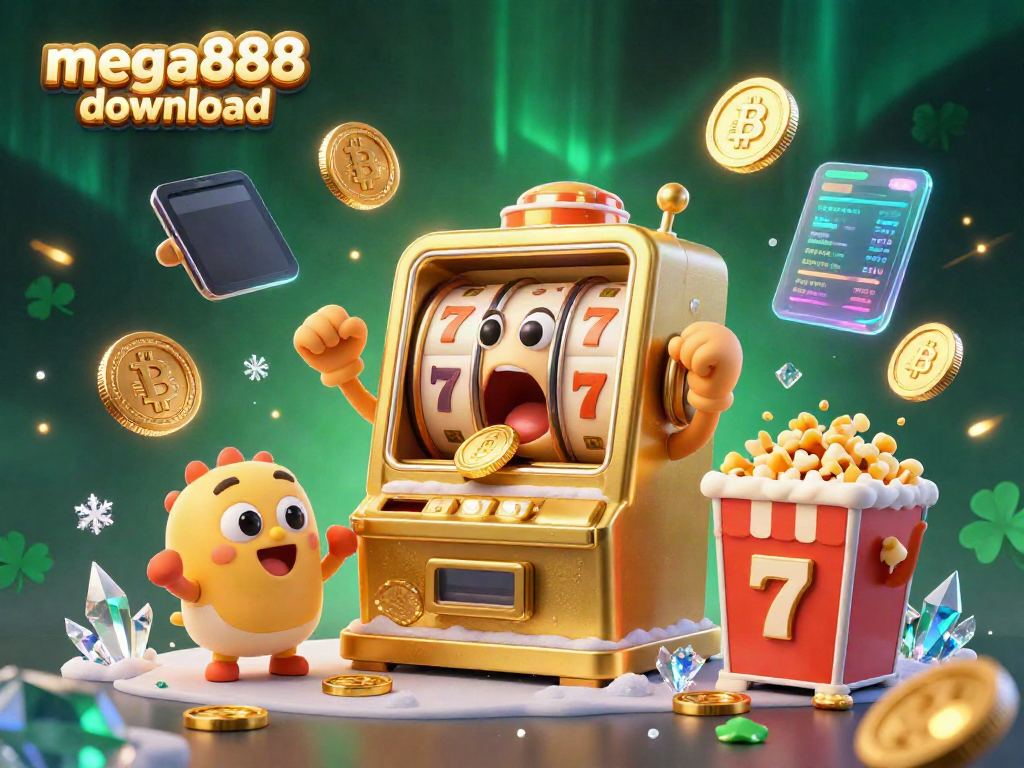 Experience the excitement of mega888 download with a cartoon golden slot machine celebrating a jackpot amid vibrant visuals.