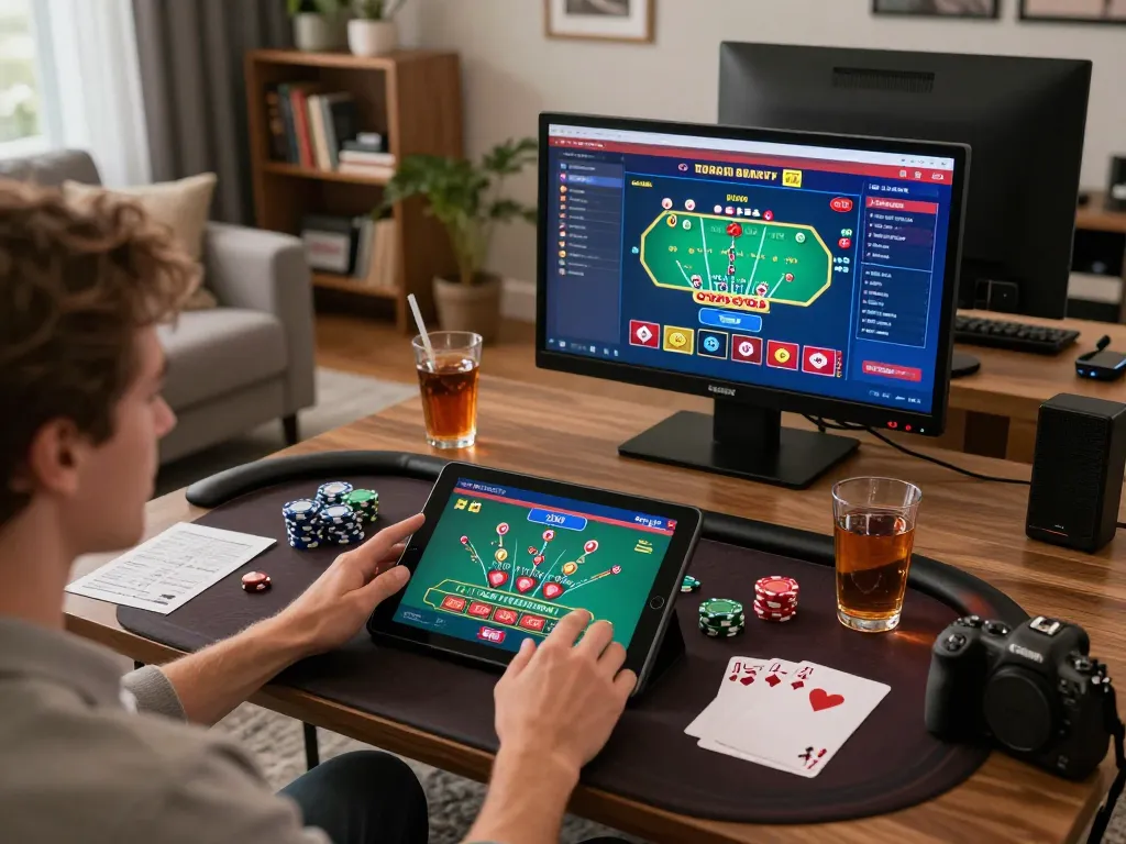 Engaging with online casinos in Canada using a tablet for live dealer blackjack, showcasing a stylish home setup.