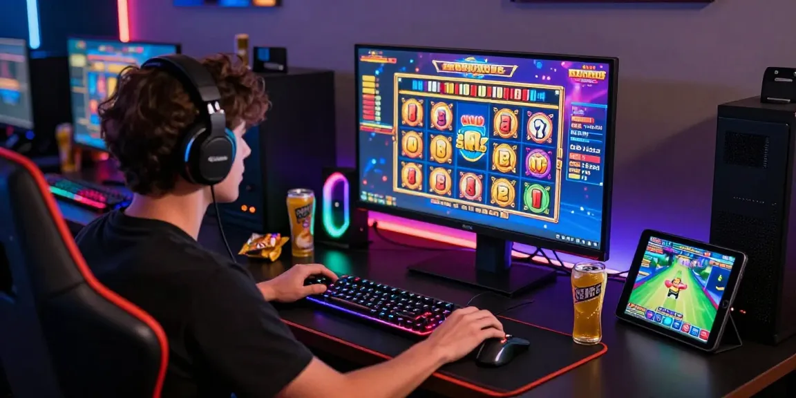 Player engaged with bonus buy slots on a vibrant gaming setup, showcasing interactive gameplay.