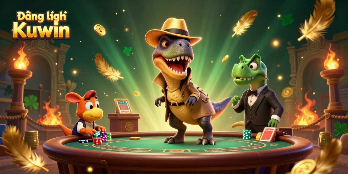 Experience the excitement of Đăng ký Kuwin with a cartoon velociraptor at a blackjack table amidst thrilling gambling elements.
