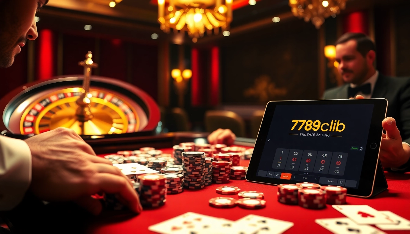 Excited players enjoying their time at 789club casino gaming table with poker chips and roulette wheel.