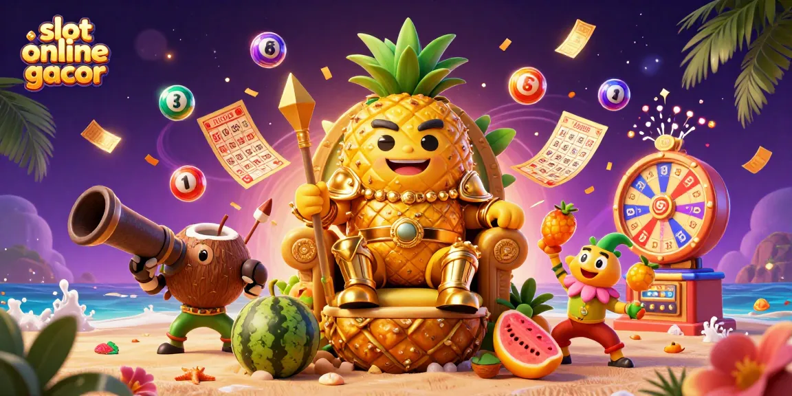 Slot online gacor menampilkan raja nanas emas dan elemen kasino yang meriah.