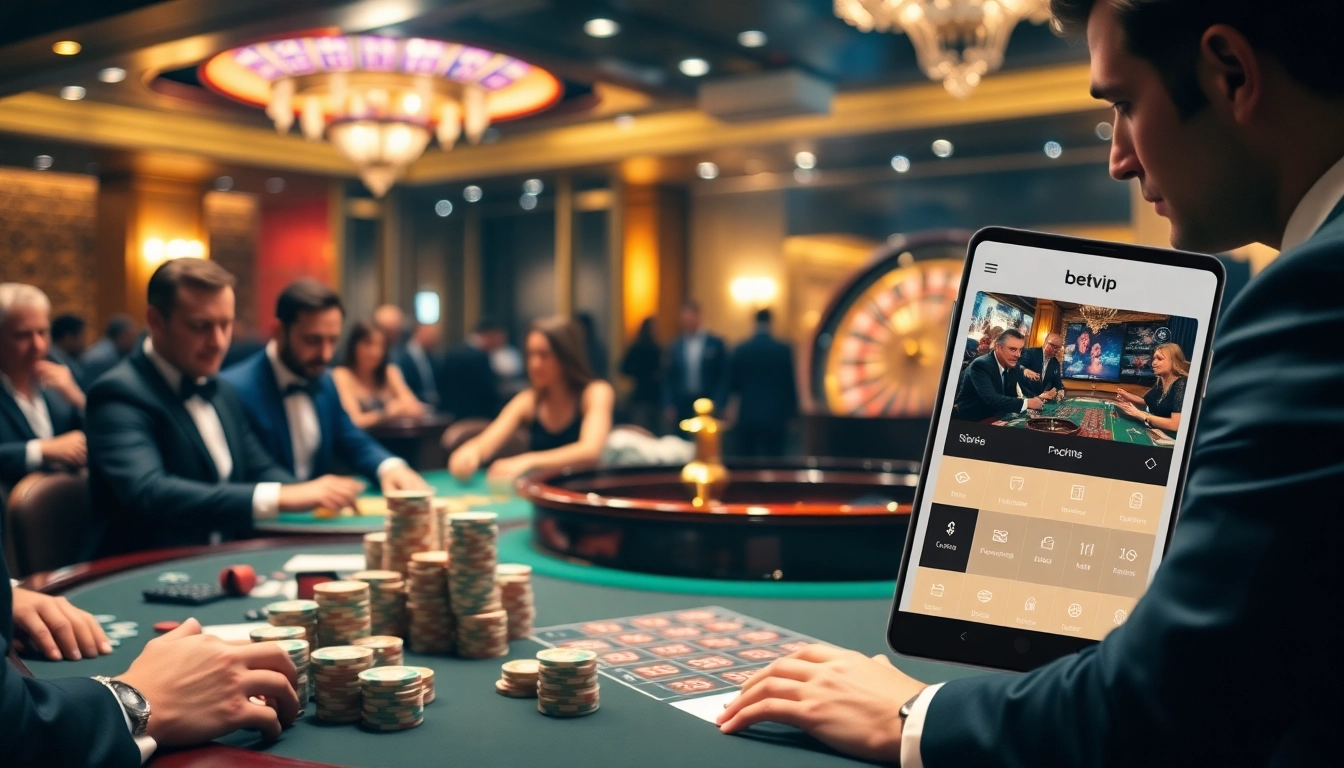 Người chơi đang tương tác mạnh tại bàn poker với ứng dụng BetVIP hiển thị trên màn hình, nhấn mạnh sự hồi hộp của cược cao.