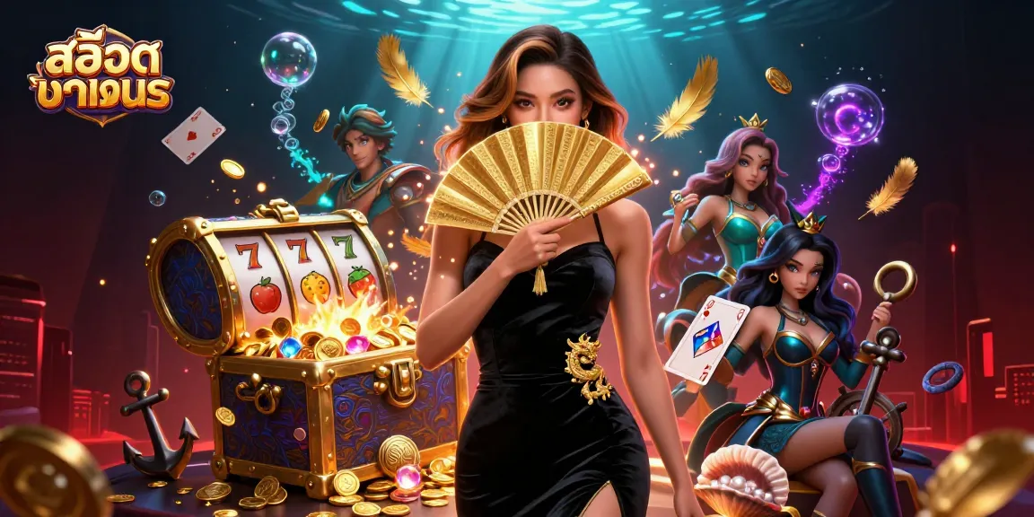 Engage in สล็อตทดลอง with a stunning scene featuring a captivating Asian woman amidst slot reels and treasures.