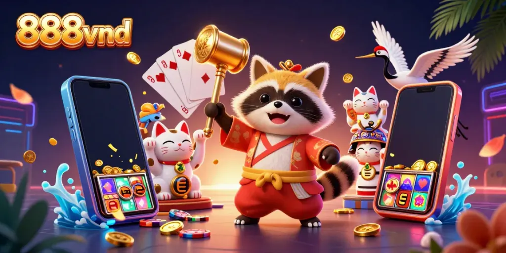 Experience 888vnd with cheerful tanuki and lucky maneki-neko amid vibrant casino elements.