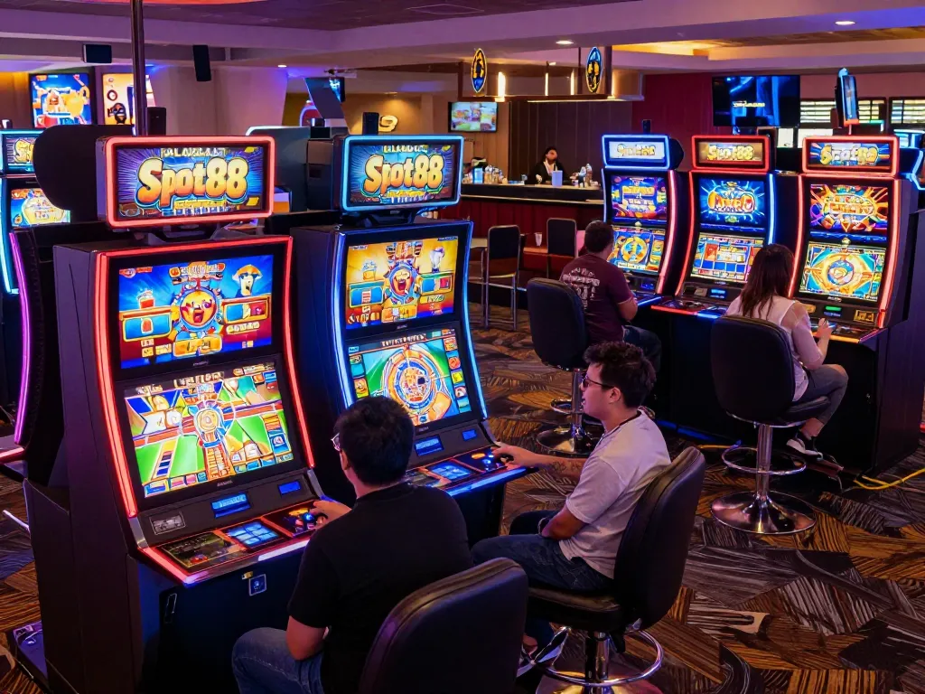 Engaging Slot88 gameplay at a lively casino with vibrant machines and excited players.