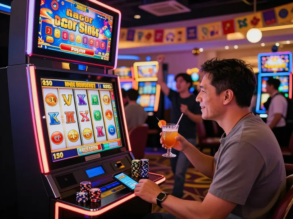 Engaging slot gacor hari ini environment with players enjoying colorful slot machines and lively gaming atmosphere.