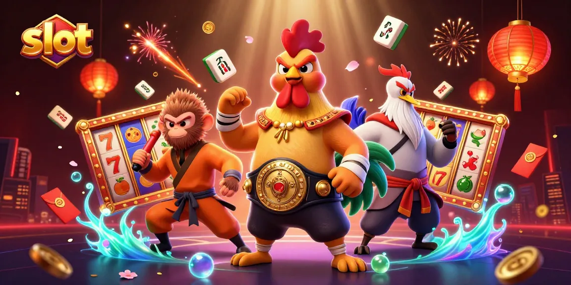 Spin slot reels with a fierce rooster, a martial artist, and a wise crane in a vibrant casino scene.