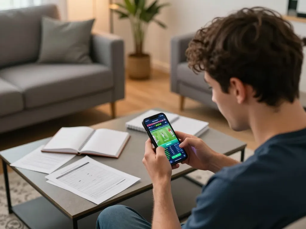 Person intensely analyzing tỷ lệ bóng đá trực tuyến on smartphone, surrounded by betting strategy notes in cozy living room