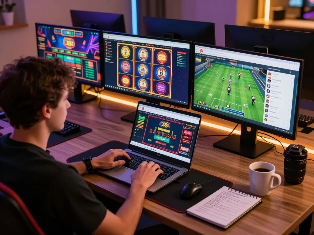 cm88 online gaming setup showing various games on laptop and monitors, emphasizing strategic play.