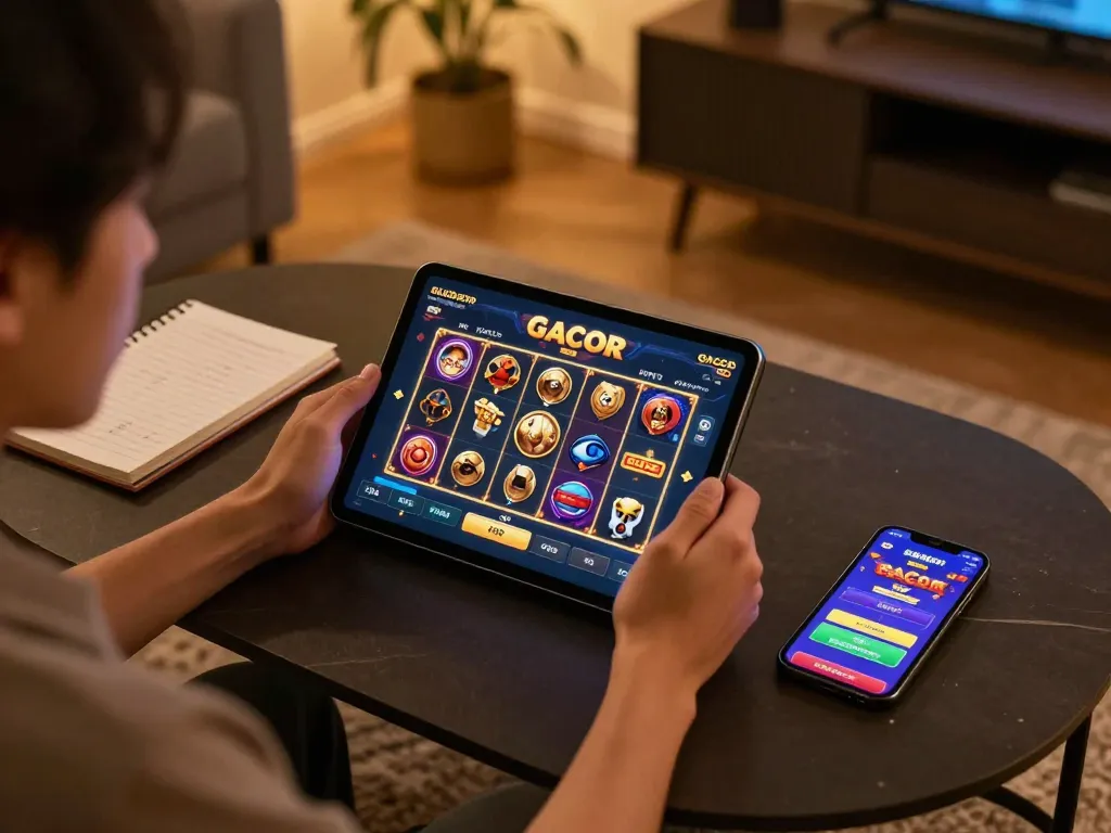 Engaging online gaming session showcasing slot gacor interface on a tablet in a cozy home setting.