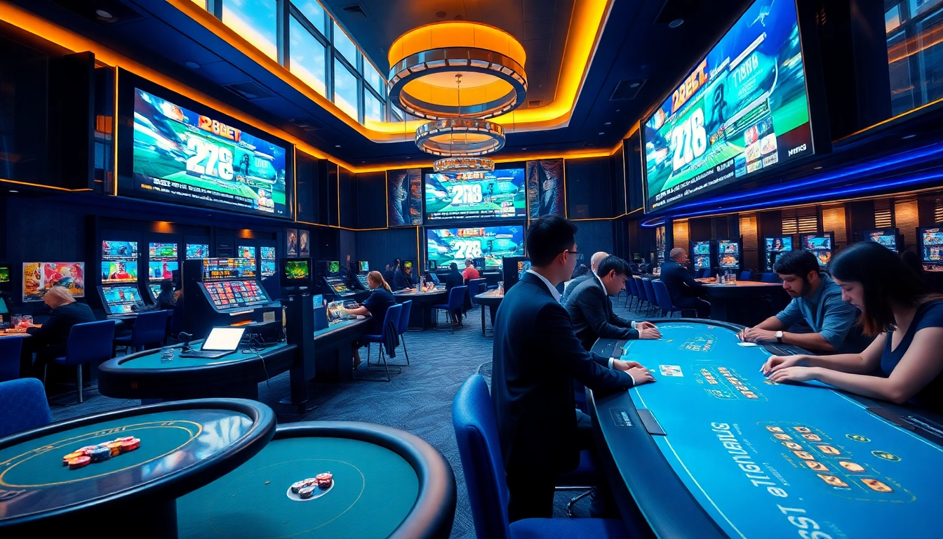 Experience 28BET with an energetic gaming lounge scene showcasing poker and digital betting.