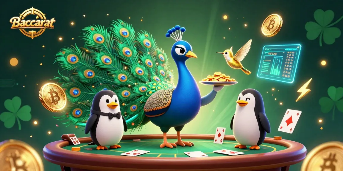 Baccarat scene featuring a 3D peacock, a butler penguin, and chips, showcasing vibrant casino elements.