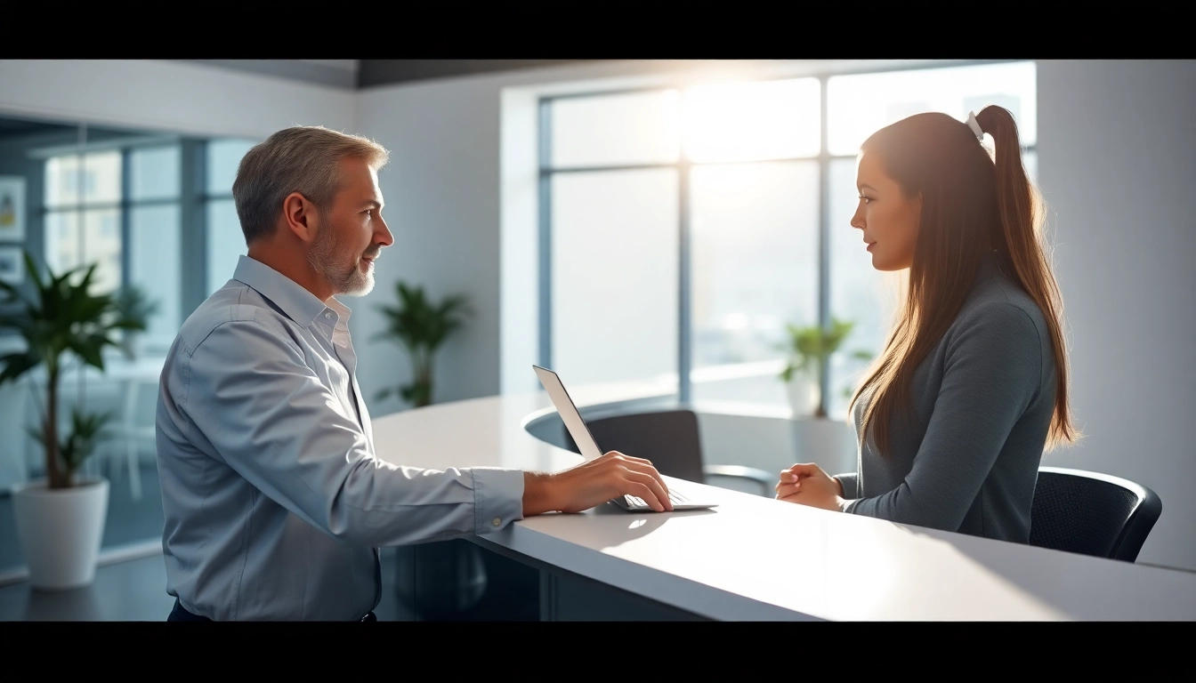 AI Receptionist engaging with a client in a modern office environment.