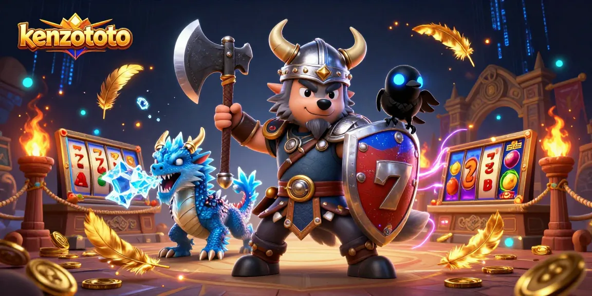 Kenzototo showcases an action-packed scene with a Viking wolf warrior and a fierce dragon amidst thrilling slot game elements.