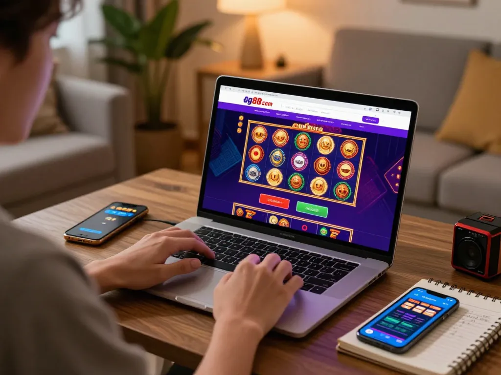 Engaging in online gaming at gg88 com with vibrant casino graphics on laptop screen.
