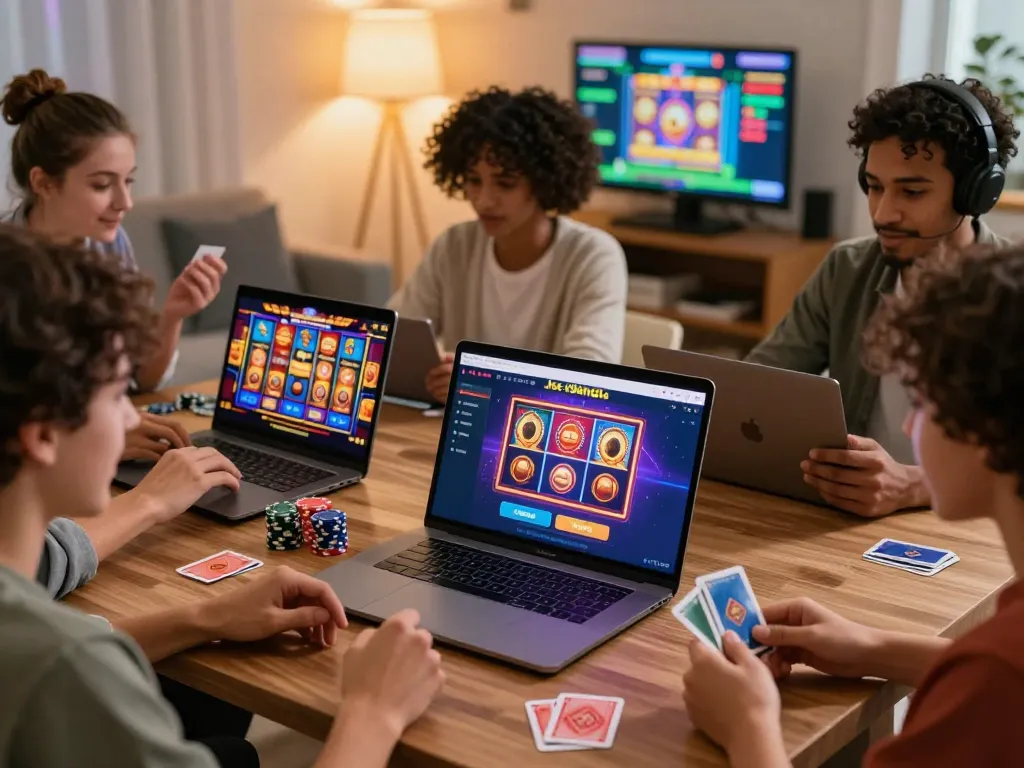 Engaging jeetbangla sign up scene with diverse players enjoying online casino games in a cozy setting.