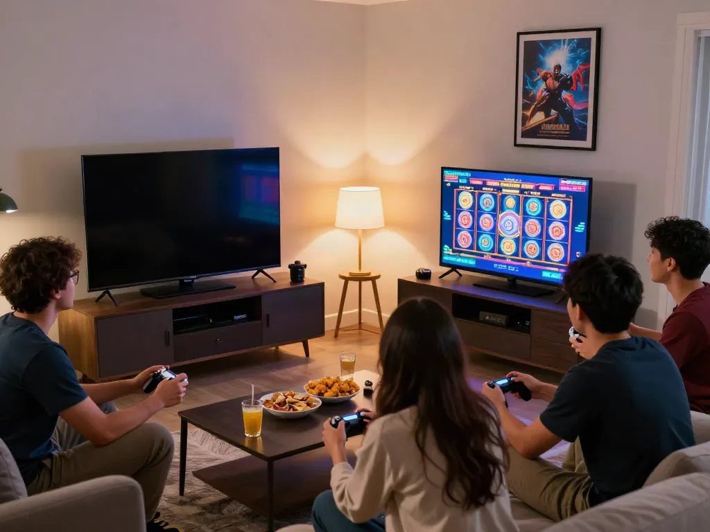Akunjp gaming night with friends enjoying online slots in a cozy home.
