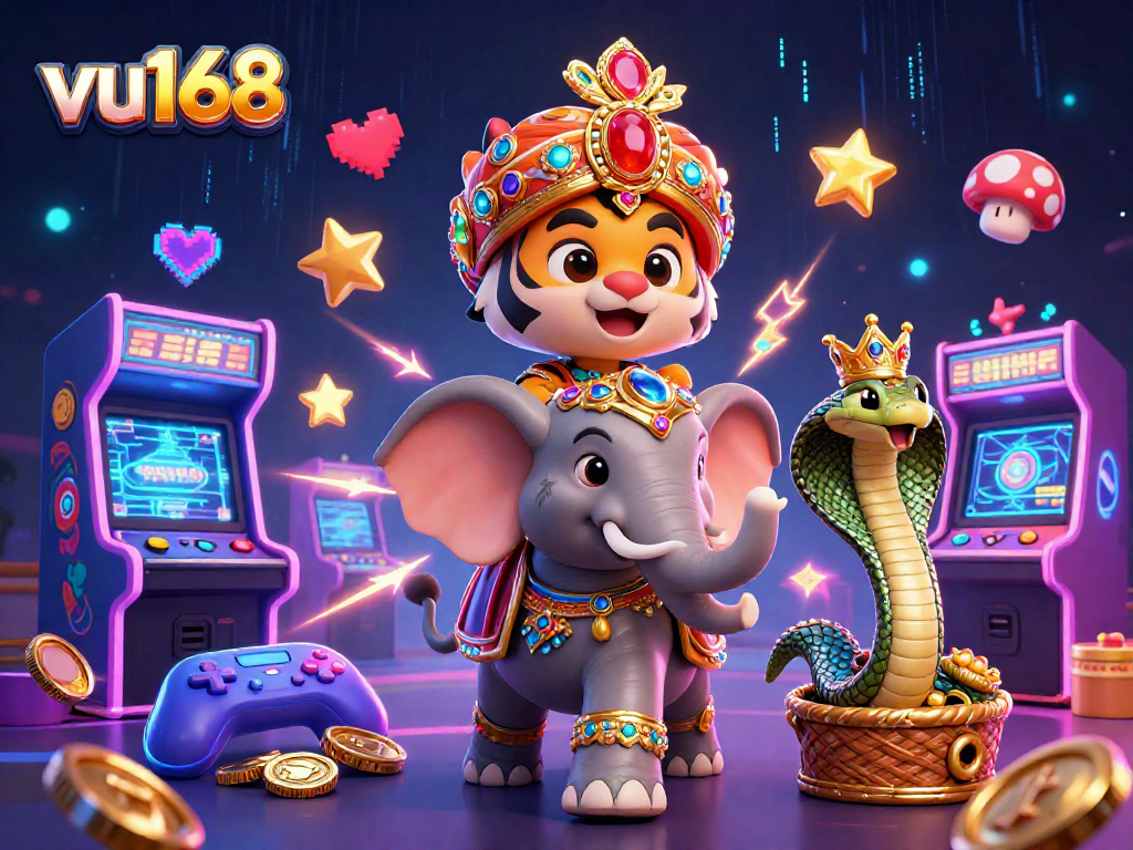 Engage with the exciting world of vu168 through vibrant casino art featuring a maharaja, elephant, and gaming elements.