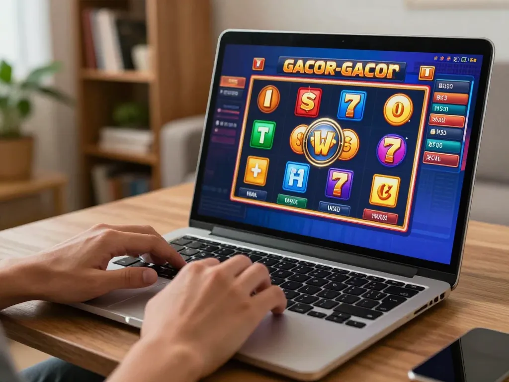 Terlibat dalam permainan slot gacor di rumah dengan laptop yang menunjukkan antarmuka mesin slot berwarna-warni