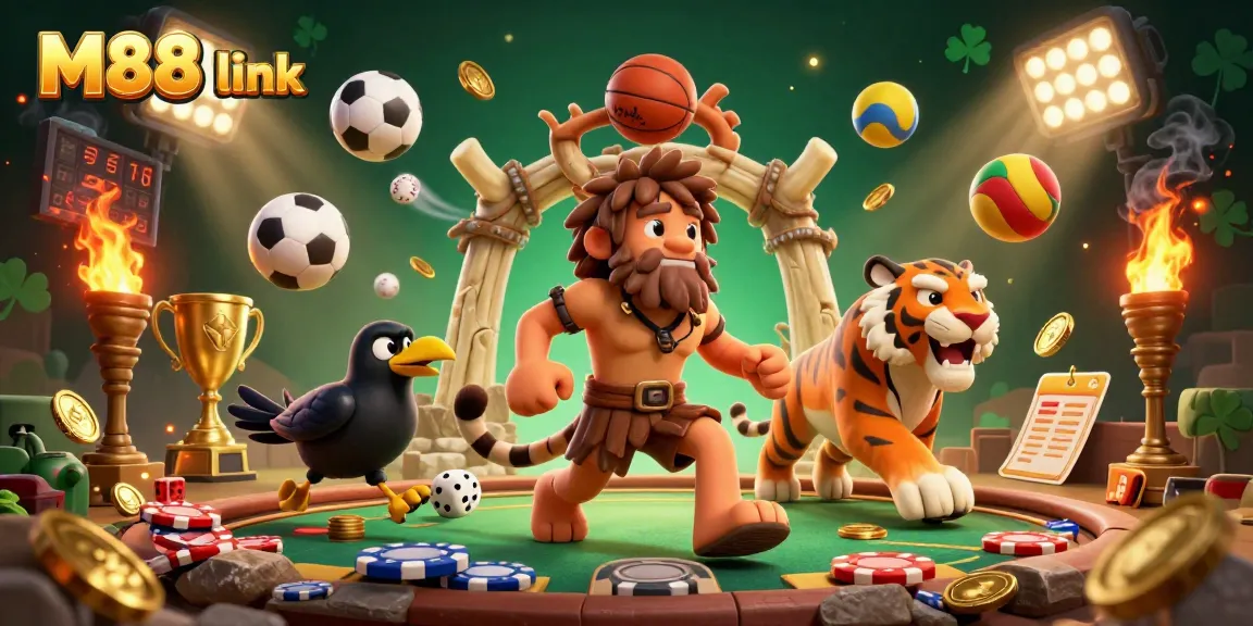 Bet on exciting games at M88 link with a prehistoric casino themed illustration.