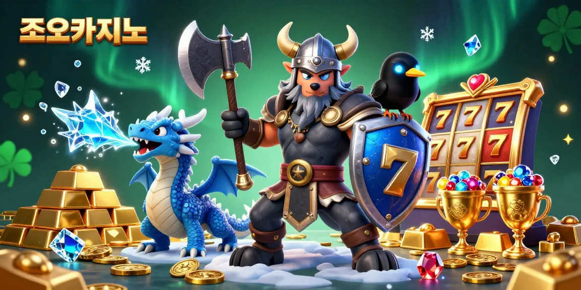 Experience thrilling adventures at 조이카지노 with a dynamic scene of a Viking warrior, dragon, and treasure elements.