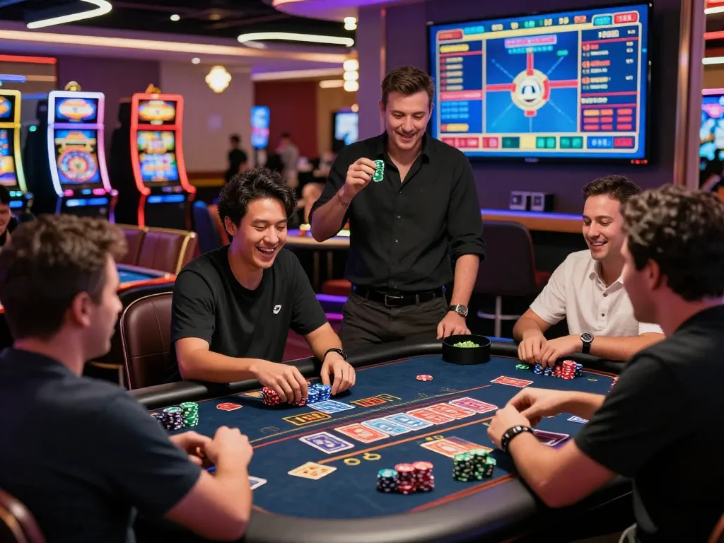 Players engaging in bong99 live casino games with vibrant atmosphere and high-tech tables.