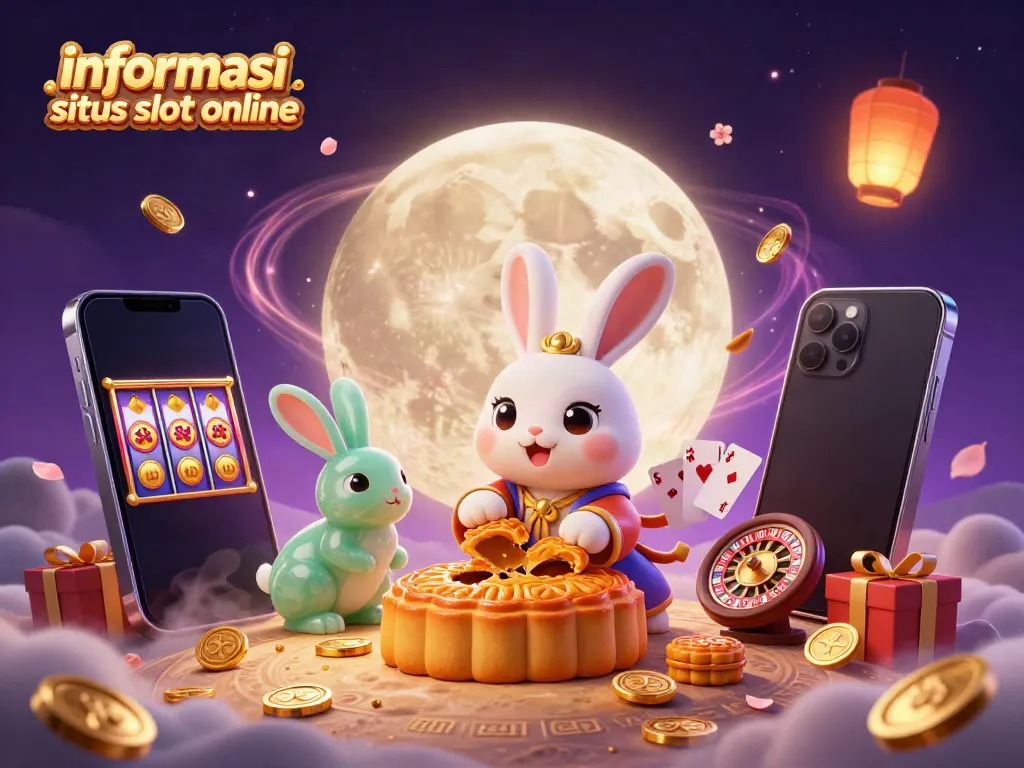 Gambarkan informasi situs slot online dengan bulan dan karakter berburu chip poker di latar luar angkasa.