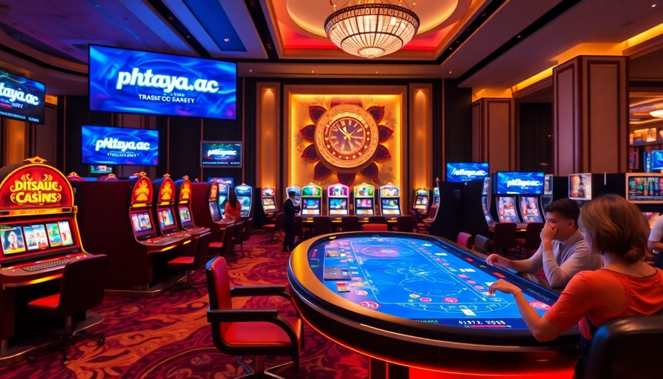 Engage with thrilling gaming at phtaya.ac, featuring a dynamic casino scene with exciting slot machines.