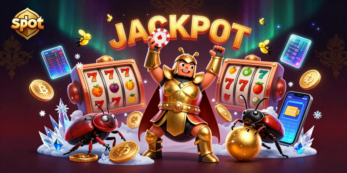 Spin the slot with a victorious hercules beetle lifting a poker chip, surrounded by jackpot symbols.