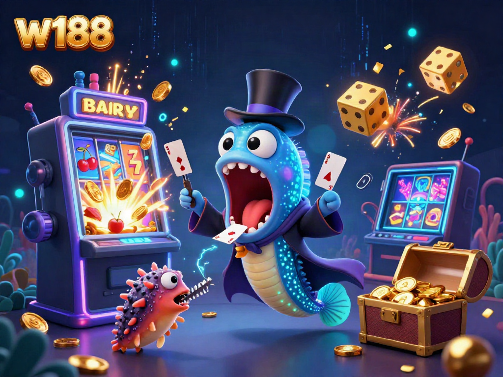 Experience exciting gaming at w188 with vibrant visuals of a whimsical jackpot scene.