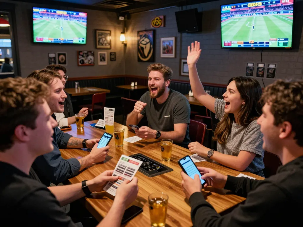 Engaged fans enjoying exciting god55 sports betting experience at a lively sports bar.