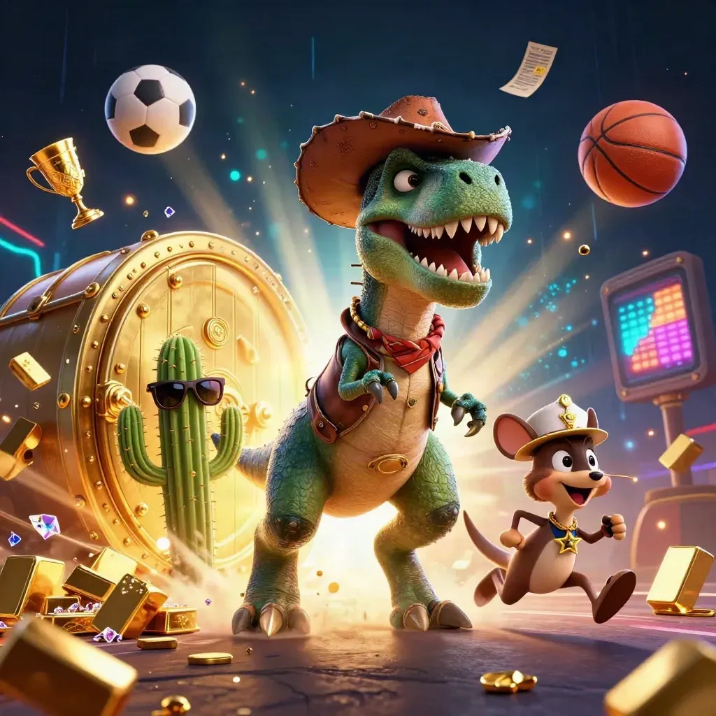 Cowboy T-Rex trio with treasure vault blast, gold, neon lights, and casino energy