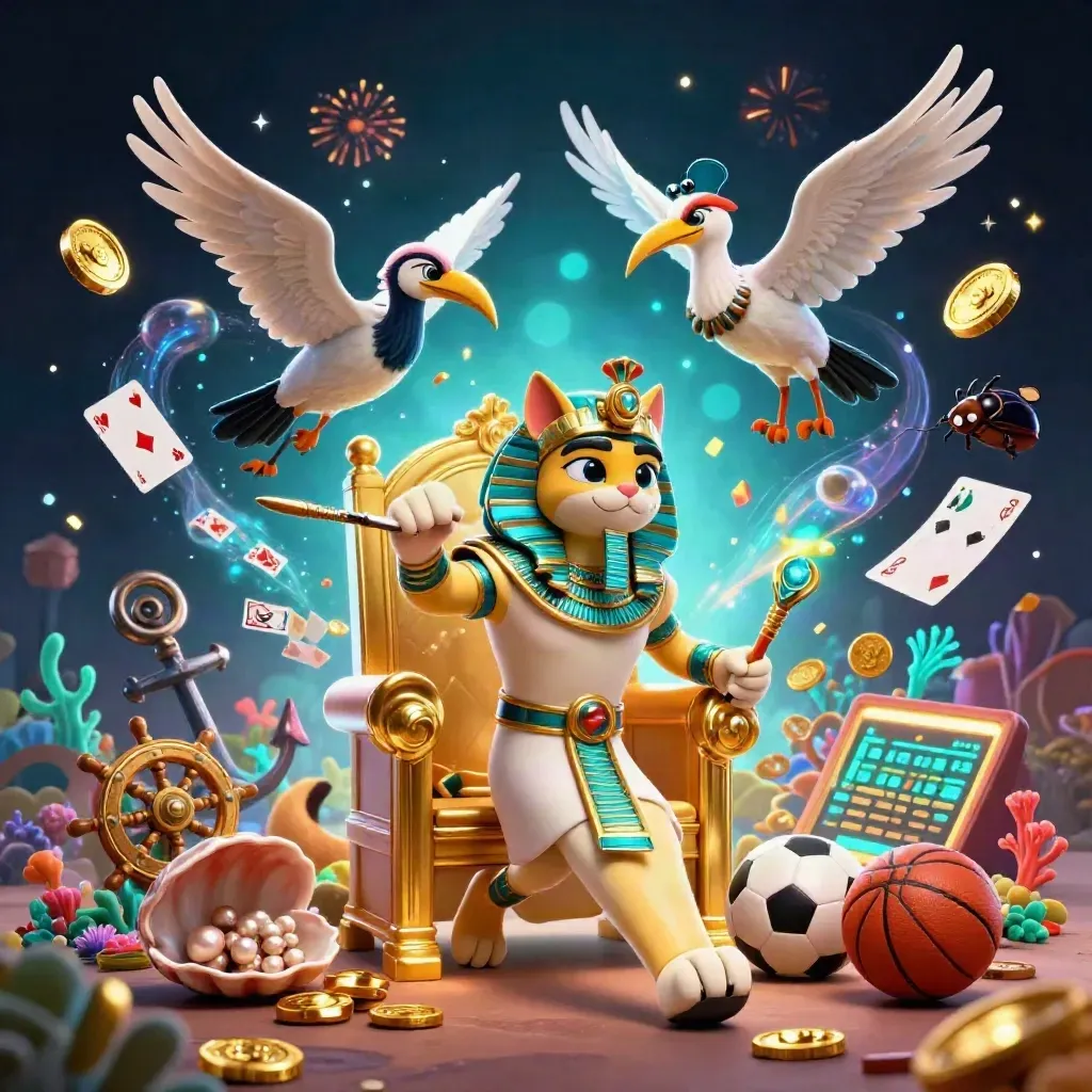 Pharaoh cat, ibis scribe, and gem-wing scarabs amid treasure, cards, balls, and glowing casino effects.