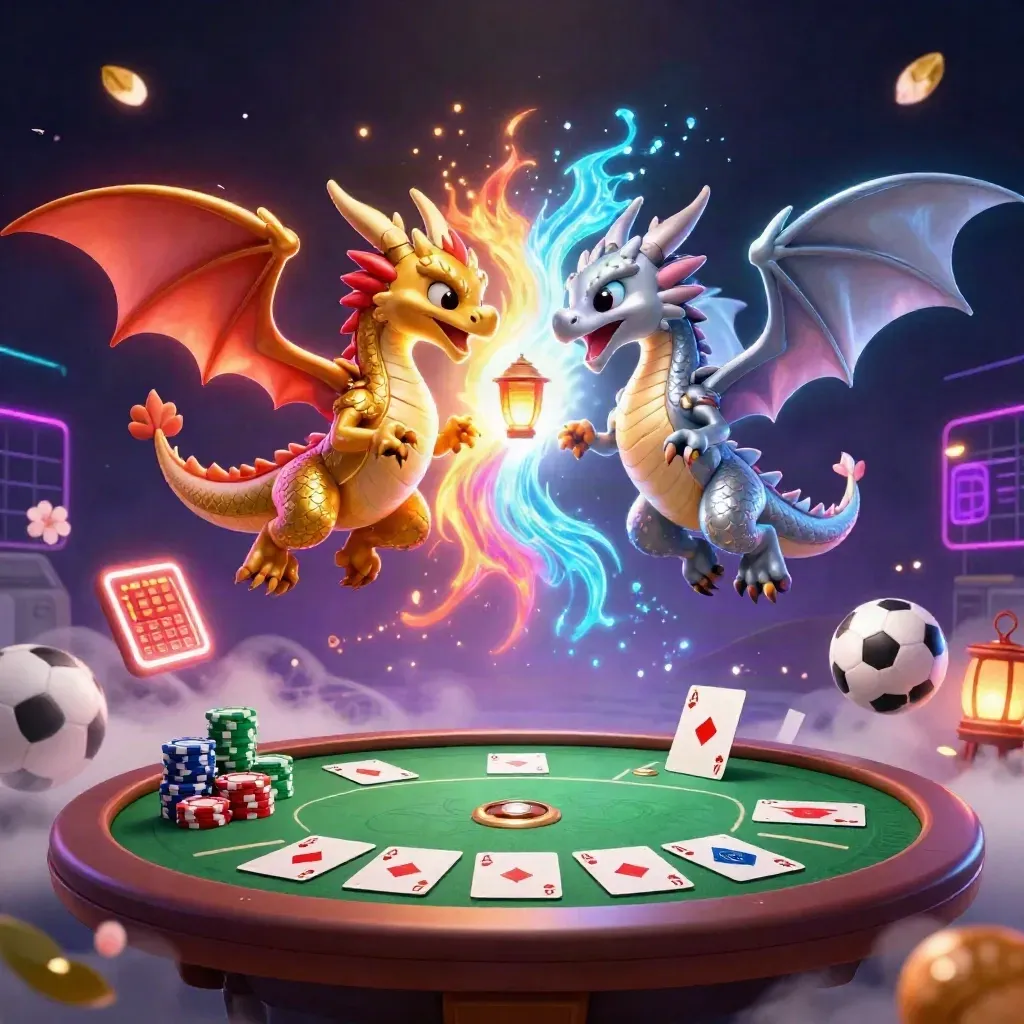 Gold and silver dragons clash over chips, cards, balls, and neon casino light.