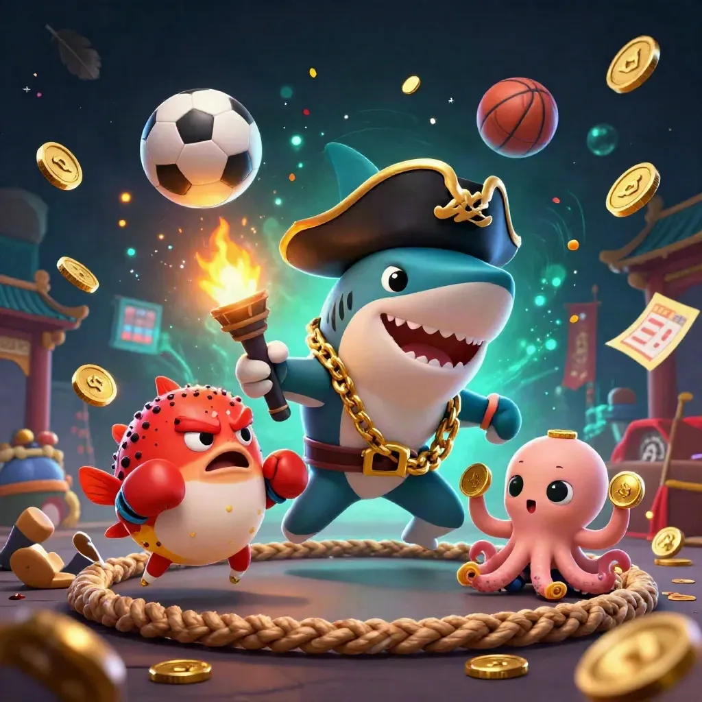 Pirate shark, pufferfish, and baby octopus amid coins, balls, and neon casino firelight.