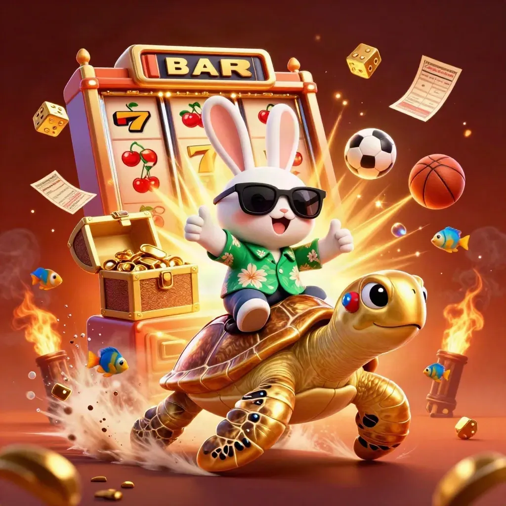 Rabbit on golden turtle amid exploding slot machine, dice, gold, and casino glow.