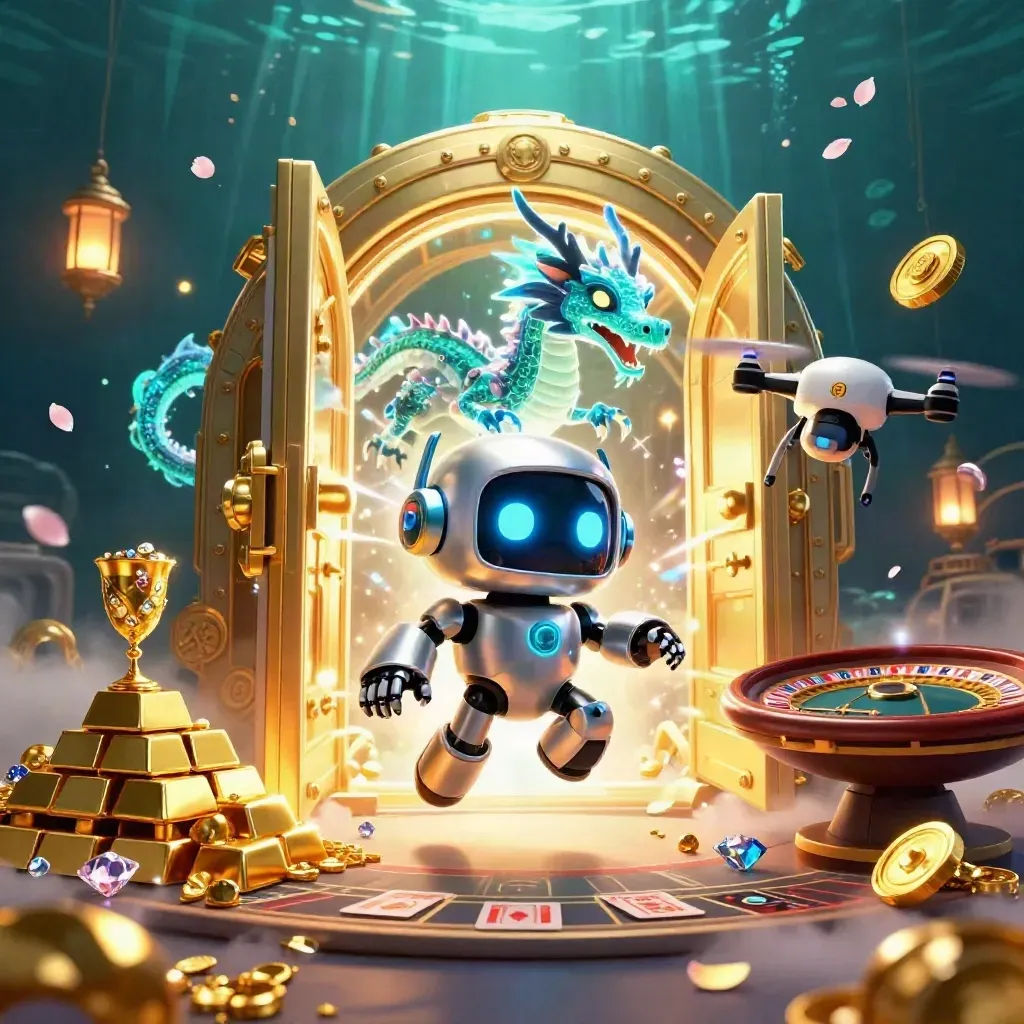 Cyberpunk robot, holographic dragon, coin drone, vault gold and roulette spin in teal casino light.