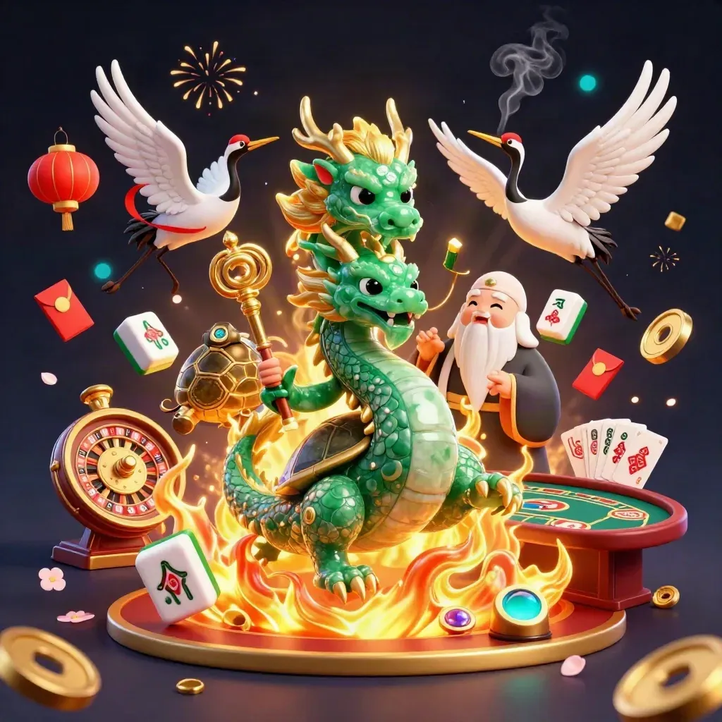 Emerald dragon, turtle sage, and cranes amid roulette glow, lanterns, coins, and gold light.