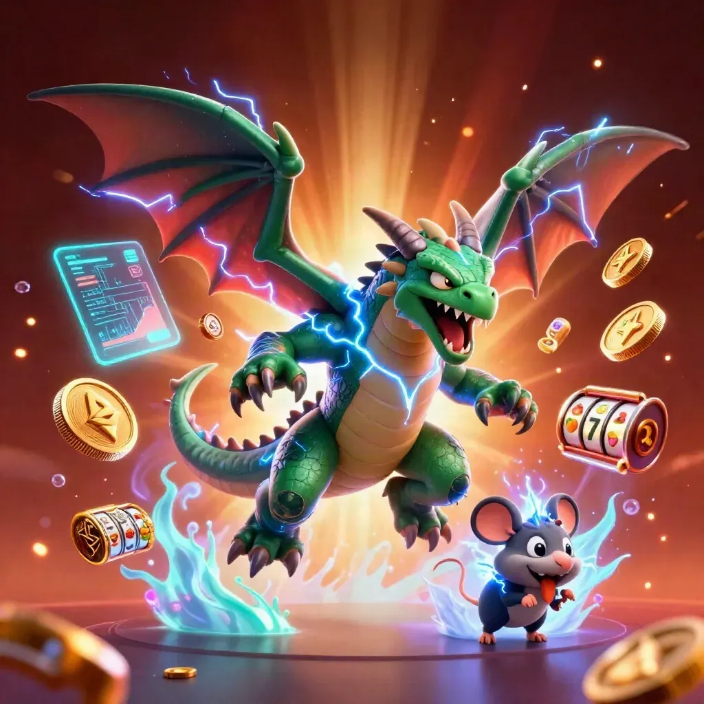 Thunder dragon, wind hawk, and static mouse amid casino coins, lightning, and glowing game symbols.