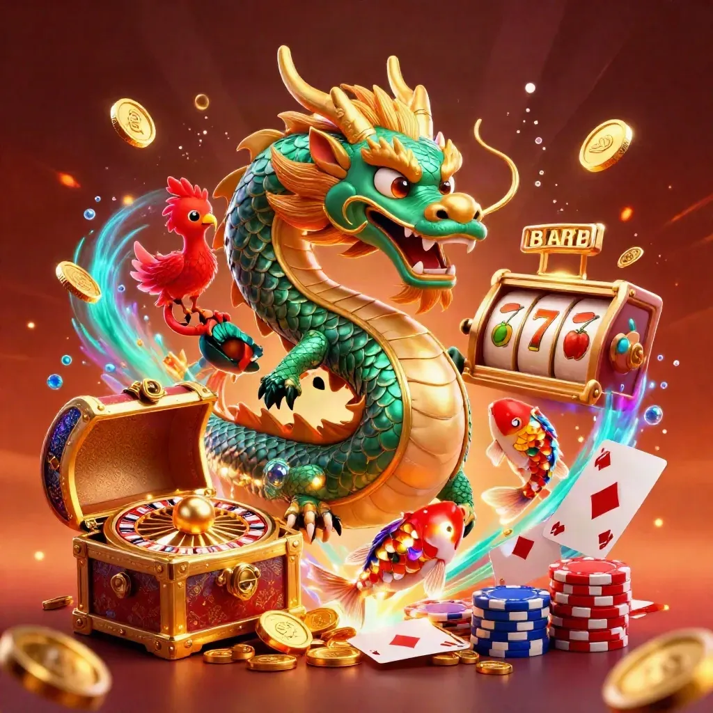 Golden dragon, phoenix, koi, treasure chest, roulette wheel, chips, coins, gems in a luxe casino burst