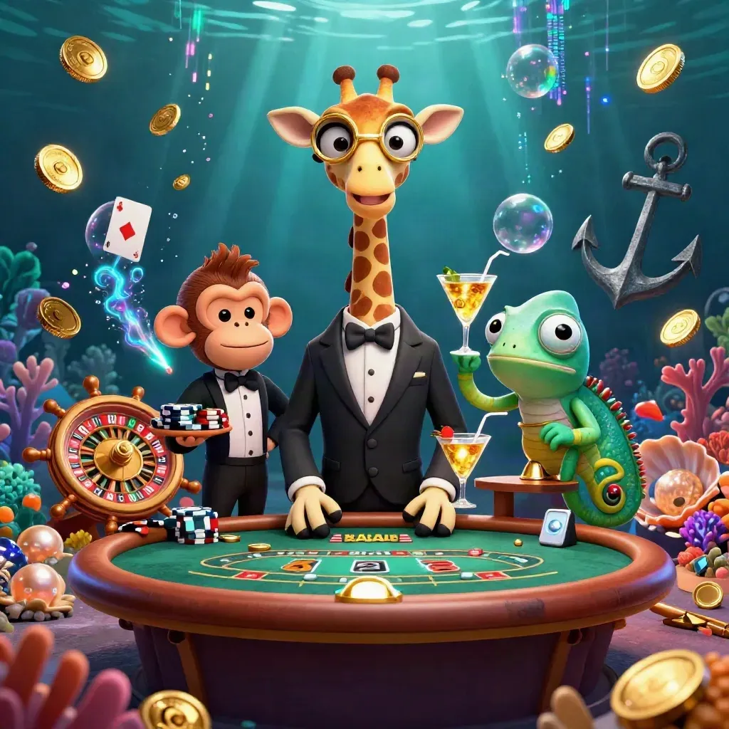Cartoon giraffe, monkey, and chameleon in a luxe underwater casino with glowing roulette accents.
