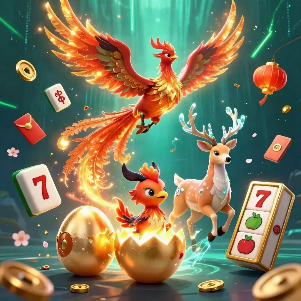 Fire phoenix, hatching baby phoenix and crystal stag amid casino trinkets, neon glow and underwater light.