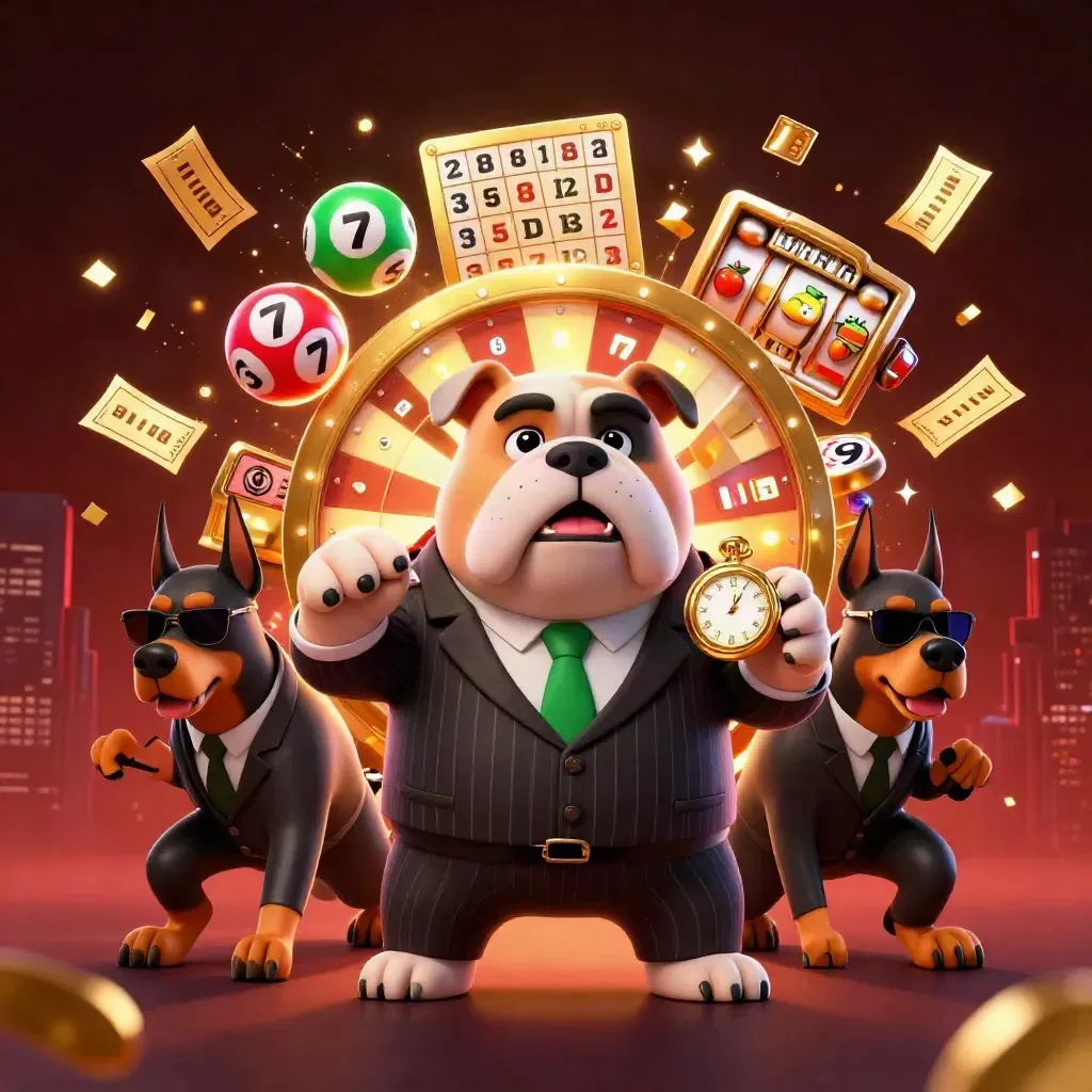 Bulldog mob boss and two Dobermans amid roulette chaos, emerald glow, gold sparks