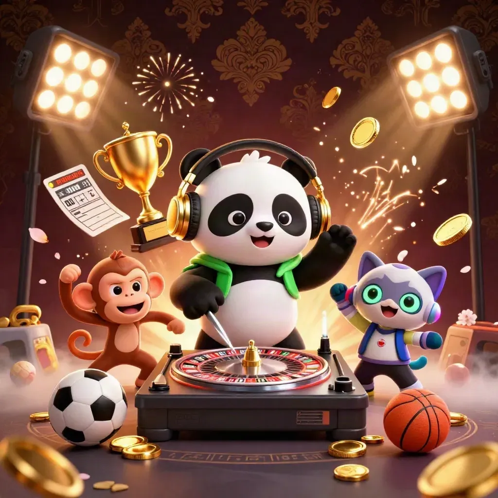 Panda DJ, monkey, and kitten rave amid coins, trophy, balls, fireworks, and casino glow