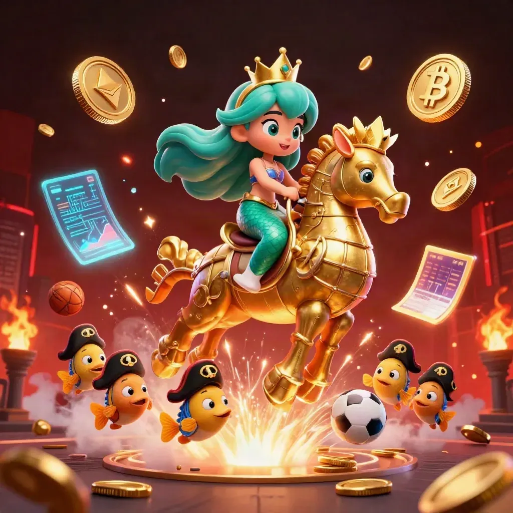 Mermaid princess on armored seahorse amid treasure burst, crypto coins, fireworks, and casino icons.