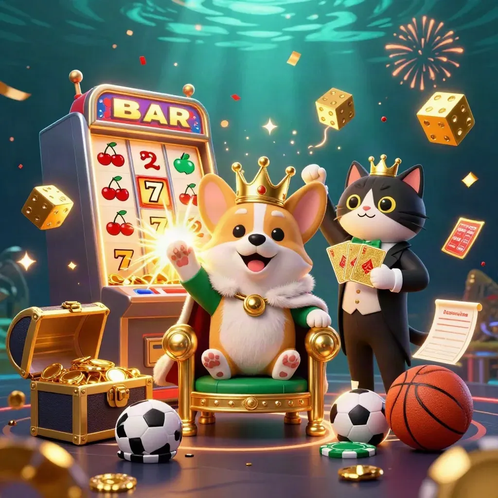 Royal corgi and cat butler amid coins, slot burst, fireworks, treasure, and casino props.