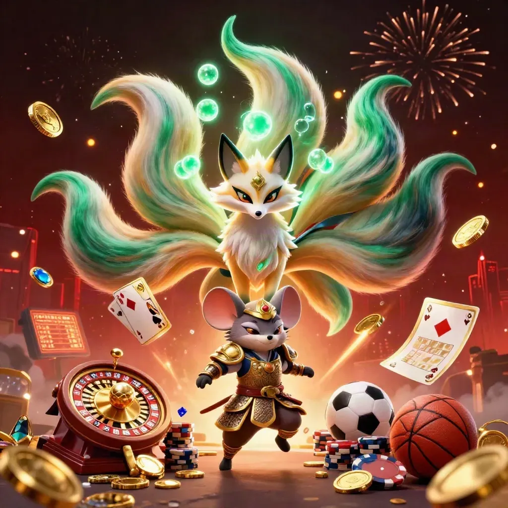 Fox spirit and mouse warrior amid coins, roulette, chips, fireworks, and casino treasure.