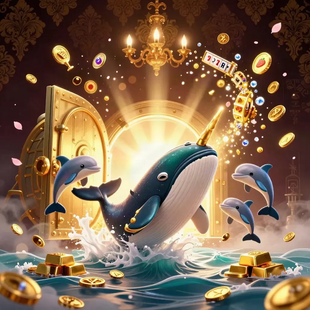 Whale captain, narwhal, and dolphins burst through coins with vault, gems, and casino effects.
