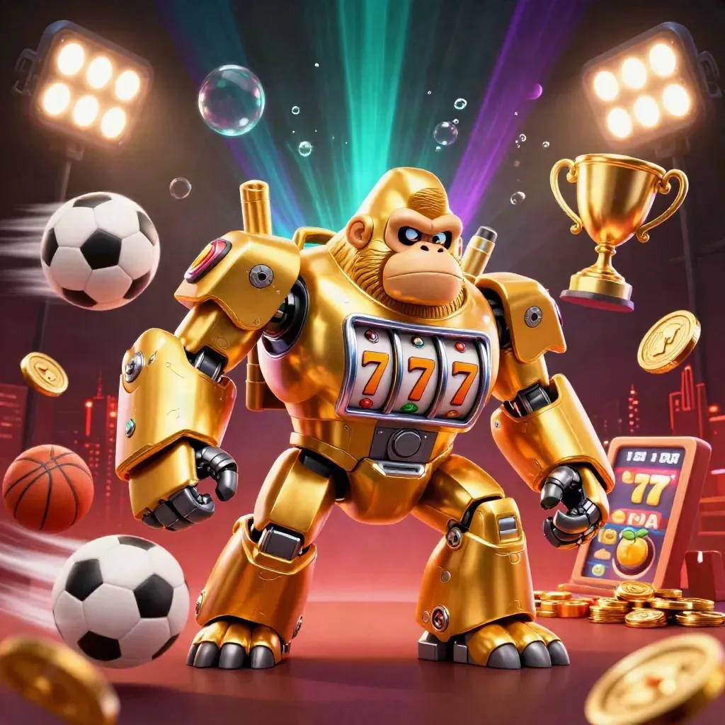 Golden gorilla mech with monkey pilot amid flying sports balls, coins, trophy, and neon casino lights.